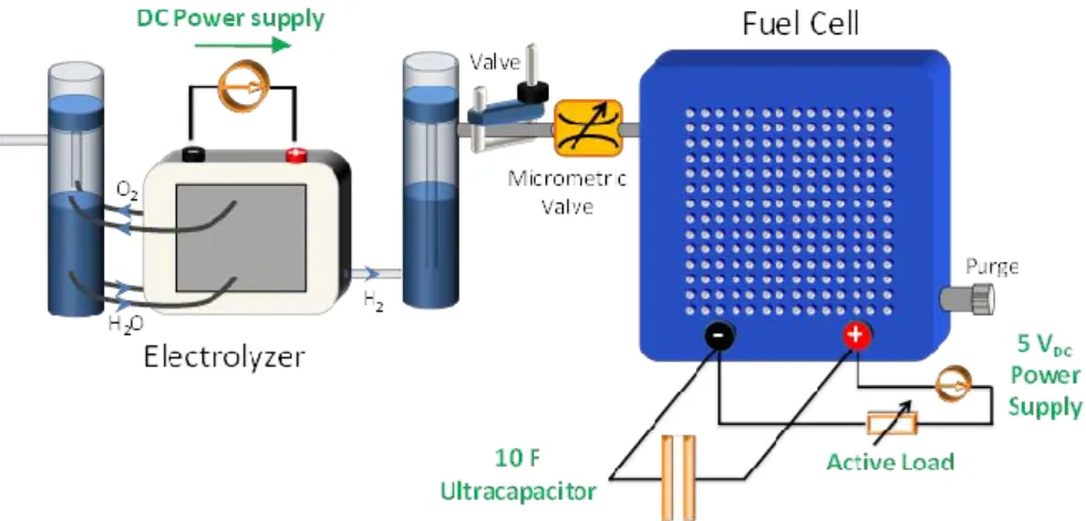 Figure II.15 : Schéma électrique et fluidique des essais d’hybridation directe avec la monocellule  PAC à respiration