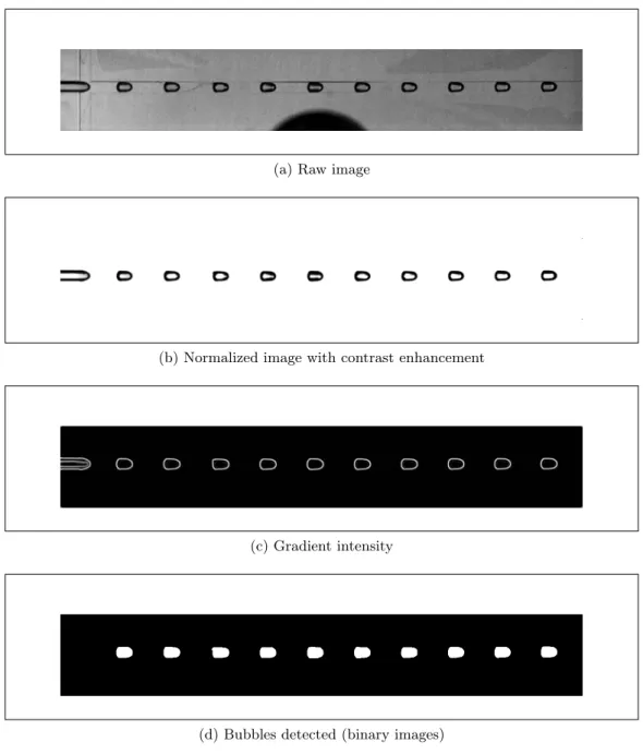 Figure 1.10: Illustration of the main steps in the processing of raw images to binary images with the detected bubbles