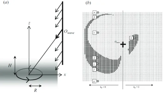 Figure 2 – (a) position des rais incidents pour l’étude systématique par approche WKB de l’interaction ondes-vortex