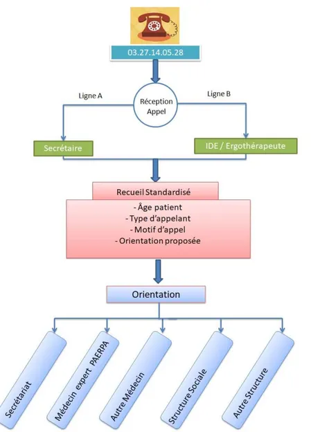 Figure 2: Fonctionnement de la Plateforme Gériatrique de Territoire                                         Abréviations : IDE : Infirmier/ère Diplômé/e d’État ; PAERPA : Personne Âgée En Risque de Perte  d’Autonomie.