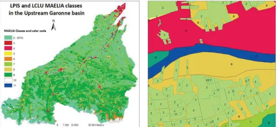 Figure 3. Multi-scale interlocking of territorial entities. Left: low and medium  resolution: hydrology + land cover-land use; Right: high resolution: 