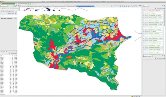 Figure 4. GIS layer in the Gama-based environment of the simulation platform  here showing the distribution of land use classes over a hydrographic zone, 