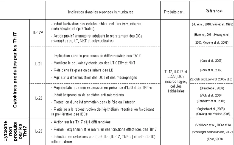 Tableau   4:   Synthèse   de   l’ensemble   des   rôles   et   des   cellules   productrices   des   cytokines   affiliées   au   profil   de    sécrétion   des   cellules   Th17   