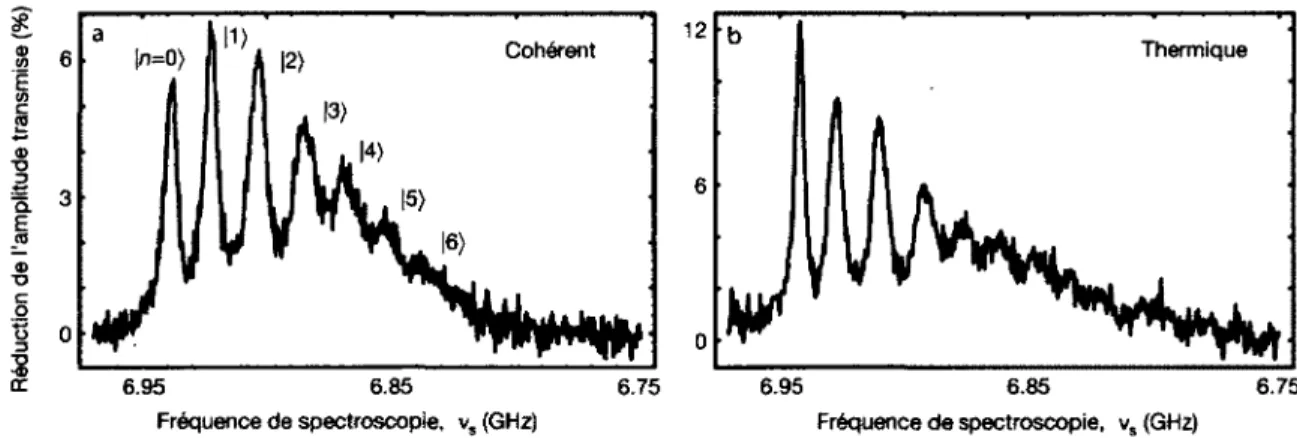 FIGURE 2.7 - Résolution du clivage de nombre dans la fréquence du qubit. (a) Pour un état  cohérent avec n — 3