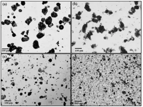 Figure 2.13. Optical microscopy images of different lignin powders at 10x magnification for (a) LS,  (b) LL, (c) KL and (d) DL samples