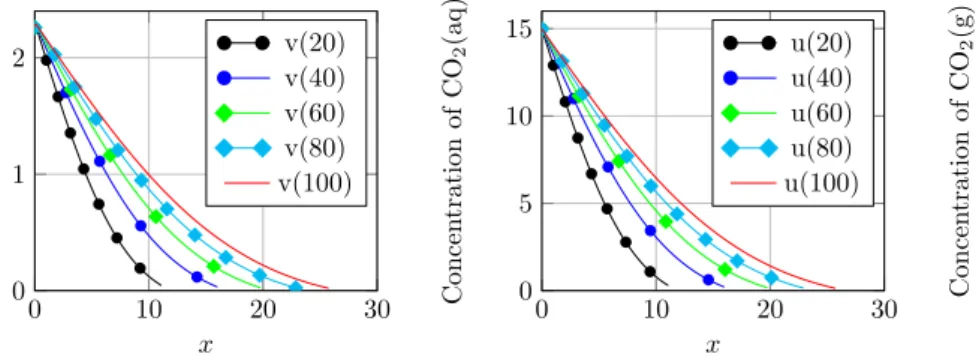 Figure 1.1  Proles of v (on the left) and u (on the right) at dierent times. The solutions are plotted on [0, s(t)].
