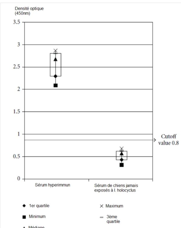 Figure 15 : Densités optiques de sérums de 10 chiens hyperimmunisés et de 10 chiens jamais  exposés à I