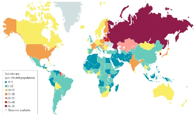 Figure 1 : Variations du taux de suicide dans le Monde, OMS 2016(3) 