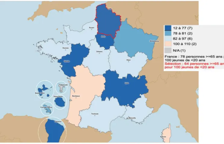 Figure 3 : Indice de vieillissement des Hauts de France en 2016 par la Source  Nationale des observatoires du territoire Geoclip(10) 
