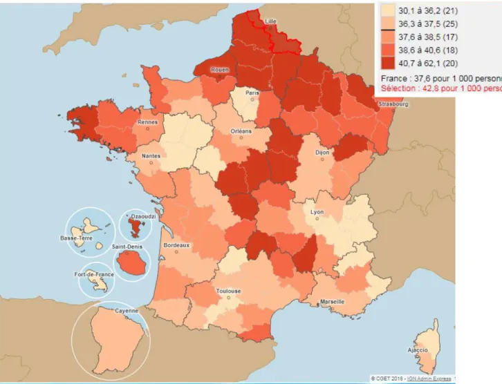 Figure 6 :Taux de mortalité des 65 ans et plus dans le Nord (pour  1000 personnes) (2016) par l’Observatoire National des territoires  