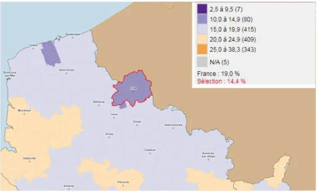 Figure 7 : Part des 65 ans et plus dans la Métropole Lilloise (MEL)  (2016) par l’Observatoire des territoires (10) 