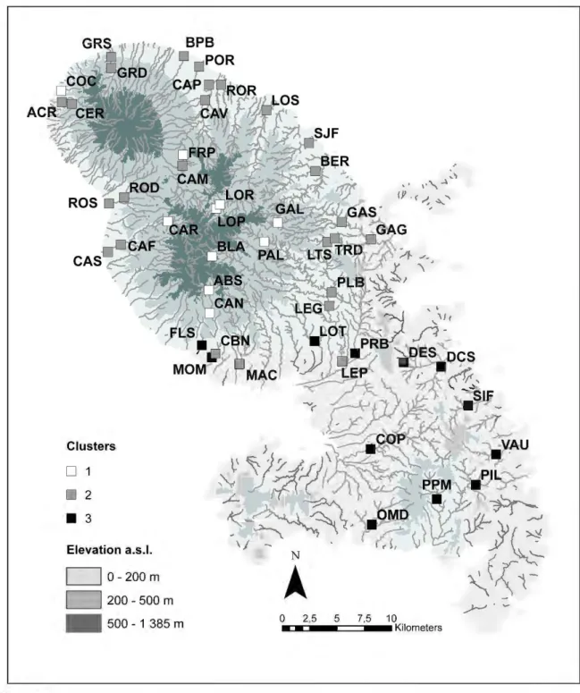 Figure 1  Clusters D CJ 2 • 3  Elevation a.s.l. c=J  0-200 m c=J 200 - 500 m . .   500-1385m  N  À  
