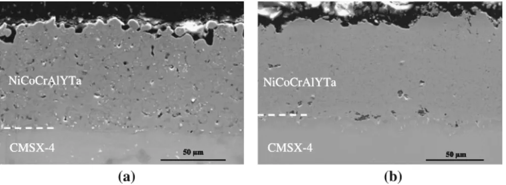 Fig. 1 SEM image of NiCoCrAlYTa coating deposited by Tribomet TM process (a) and HVOF spraying (b) on CMSX-4 superalloy after full heat treatment