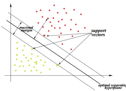 Figure 1.3: Optimal separating hyperplane, Support vectors and maximal margin.