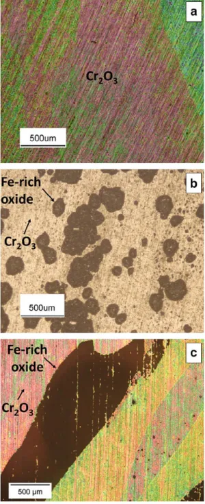 Fig.  1. Surface  view  of  samples  after  120 h  reaction  (a)  Fe-25Cr-20Ni  in  Ar- Ar-20C(½-20H 2 O; (b) Fe-20Cr in  Ar-20CO 2 ; (c) Fe-20Cr-20Ni in  Ar-20CO :r 20H2Û