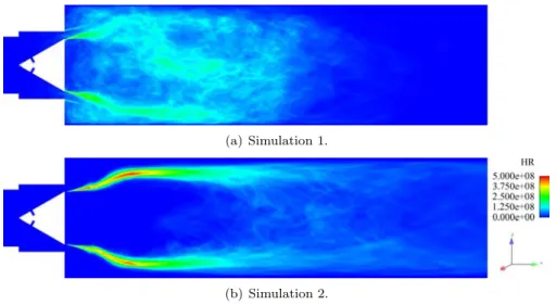 Figure 11. Comparison of mean heat release rate fields between simulations 1 and 2 showing the difference in flame length.