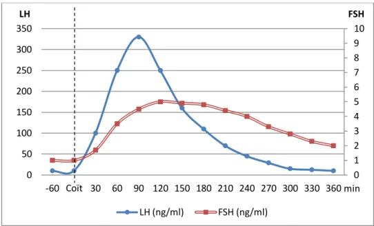 Figure 10 : Taux plasmatique post-coït en LH et FSH. D’après Lebas [27] 