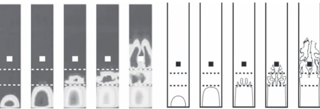 Figure 3 shows LES images of ﬂame propagation compared with experiments. In the early stage of propagation, the ﬂame is laminar and develops with a hemispherical shape and then it transitions to a “ﬁnger” shape when it approaches the walls, still being lam