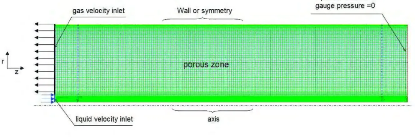 Figure  3:  Mesh and boundary conditions. (The porous zone is in  between both blue dashed lines) 