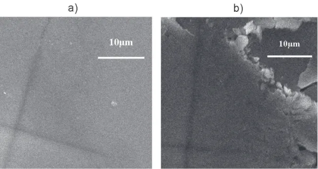 Fig. 12. Micrographs obtained by SEM on sample surfaces after indentation at 9.8N load (a) in the zones with small grains (b) in the zones with large grains.