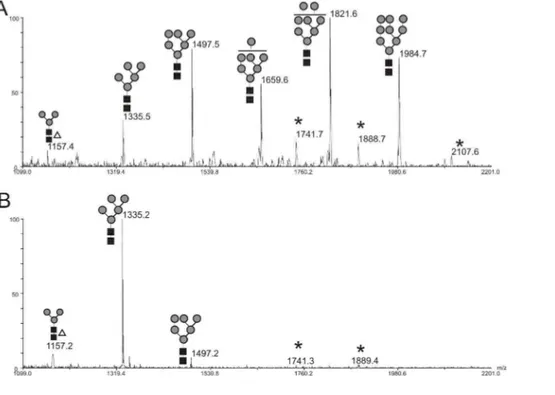 Figure S7 MALDI-TOF/MS of native PNGase F released oligosaccharides from T. gondii grown in  B3F7  mixed  with  VERO  cells  debris  after  purification  on  a  glass  wool  column