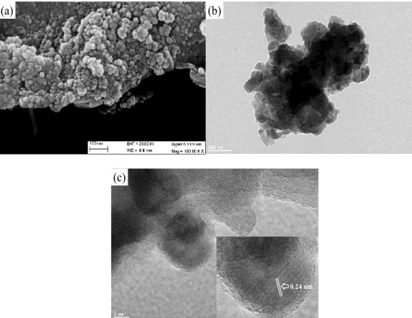 Figure 3-3 (a) SEM and (b and c) TEM images of the sample calcined at 500 °C  3.3.2 Performance of catalytic ozonation under different processes 