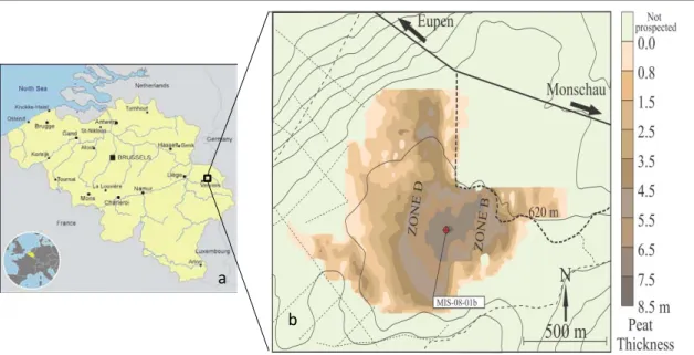 Fig. 1. (a) Location of the Misten peat bog in eastern Belgium, and (b) map of the Misten peat bog modified from De Vleeschouwer et al