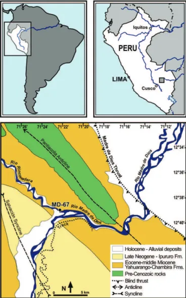 Fig. 1. Location and geological map of the studied area, in the Amazonian Madre de Dios Subandean Zone, Perú; modiﬁed after Vargas and Hipólito (1998).