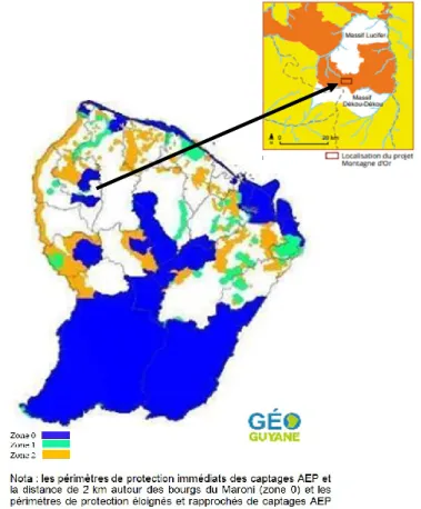 Figure 4.4 Zonage des périmètres d’exploitation aurifère sur le territoire guyanais (tiré de : DEAL, Atlas  de la biodiversité, chapitre 6 (2014) 