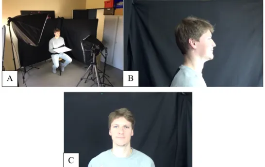 Figure 10 : Disposition du studio (A) lors des tests de luminosité et d’éclairage  en amont du tournage en vue sagittale (B) et frontale (C) (image personnelle) 