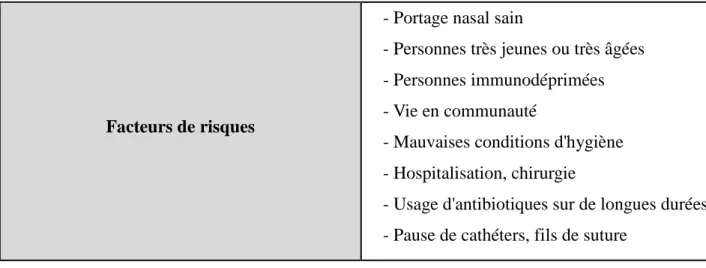 Figure 13 : Bilan concernant les facteurs de risques de développer une infection au Staphylococcus aureus  [Boucher, 2008], et  [Maltezou, 2006].