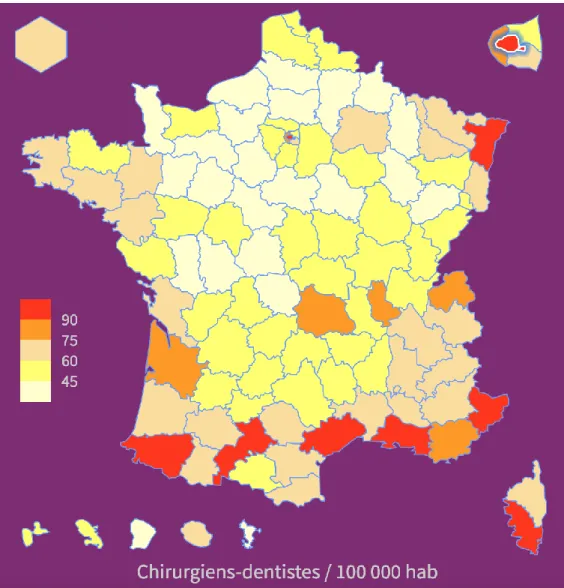 Figure  3 :  Densité  de  chirurgiens-dentistes  en  France  et  par  département  pour  100  000  habitants au 1er Janvier 2020 [Source : cartographie publique de l'ONCD (7)] 