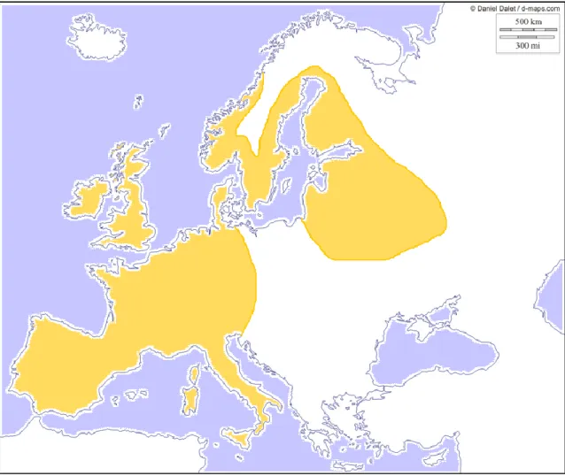 Figure 1 : Carte de répartition européenne d’Erinaceus europaeus avec en jaune les zones de présence (d’après Morris et  Berthoud, 1992 ; Berry, 1999 ; Smith 1999 ; Chesne, 2012)