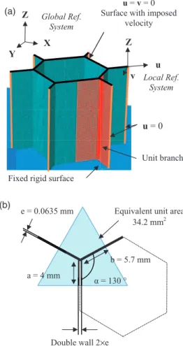 Figure 8. (a) Geometry and boundary conditions of mesoscopic model and (b) Cell geometry.