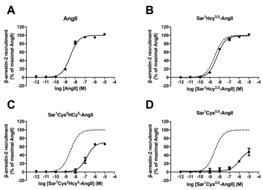 Figure  9 :  βarr2 recrutment  to  the  AT 1 R  by  AngII  analogs.  HEK293  cells  co-transfected  with  fusion the protein RLucII-βarr2 and the reporter AT 1 R-GFP10 were stimulated with increasing  concentrations  of  AngII  (A),  [Sar 1 Hcy 3,5 ]AngII 