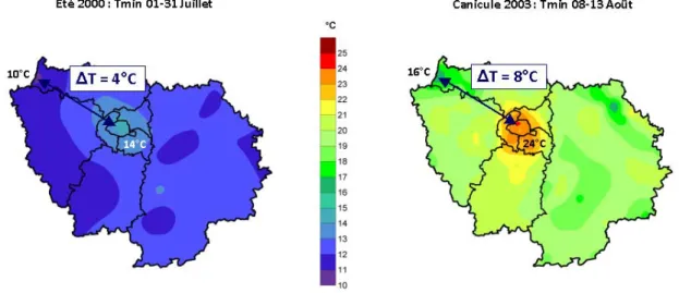 Figure 2.5 – Cartes des températures minimales relevées aux stations météorologiques de Météo France en Ile-de-France et interpolées spatialement, au cours d’un été moyen (2000) et de la canicule d’août 2003.