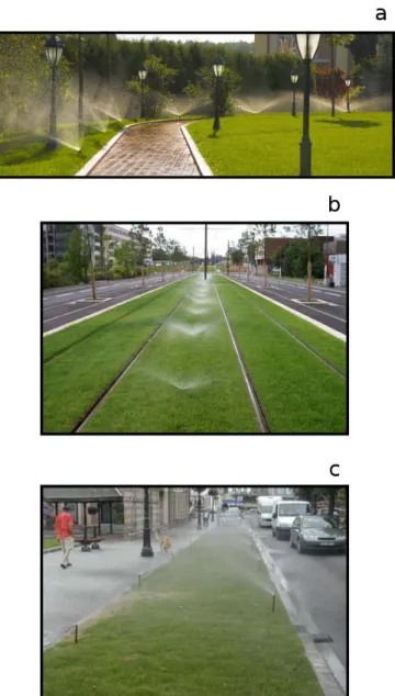 Figure 6.5 – Exemples de réseaux d’asperseurs installés en milieu urbain, dans un square (a), sur des lignes de tranway (b), dans une rue (c)