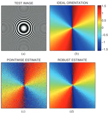 Fig. 1. Monogenic orientation estimate in the presence of noise. (a) Noise- Noise-free test image containing a full 360-degree range of orientations