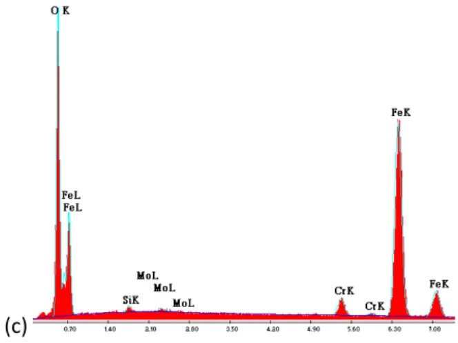 Figure 105 : (a) Observation MEB en surface d'un pion après 5 s de frottement avec des particules oxydées présentes  dans l'indentation ; (b) Analyse EDS des particules oxydées