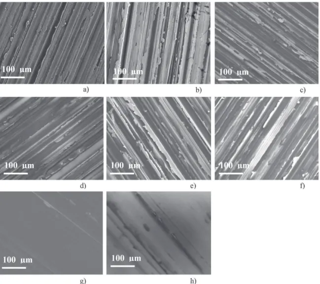 Fig. 6. Scanning electron micrographs of TEOS–MAP–PEG 35000 coatings (a) 20 g L −1 1 layer, (b) 40 g L −1 1 layer, (c) 60 g L −1 1 layer, (d) 80 g L −1 1 layer, (e) 20 g L −1 2 layers, (f) 40 g L −1 2 layers, (g) 60 g L −1 2 layers and (h) 80 g L −1 2 laye