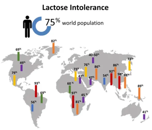 Figure  1.  Distribution  of  world  population  with  some  degree  of  lactose  intolerance