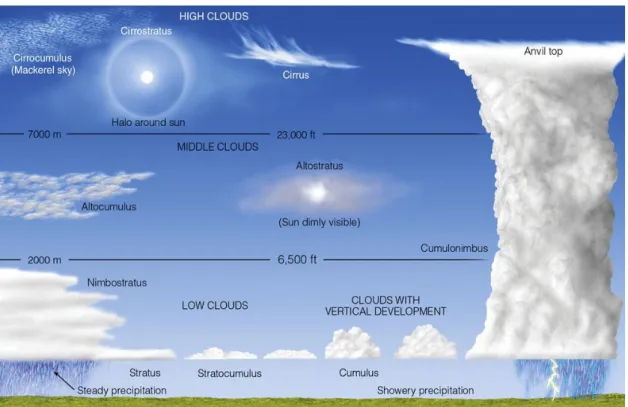 Figure 0-1: Distribution of different clouds types in three atmosphere levels: low,  middle and high (Ahrens, 2015) 