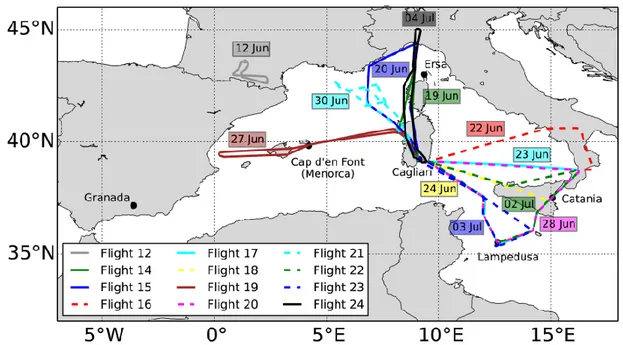 Figure II-4: Overview of the different F-20 flight trajectories performed during the SOP- SOP-1a campaign of the CHARMEX/ADRIMED project (Mallet et al., 2016) 