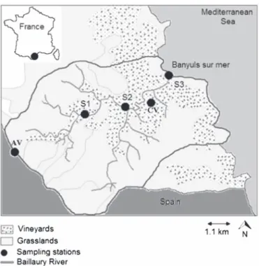 Fig. 1. Location of the study area with the main sampling points. The watershed is delimited in black