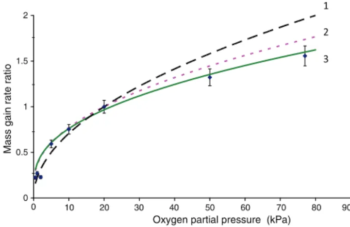 Fig. 13. Ratios of mass gain rate vs. oxygen partial pressure after sudden change at 50 g/m 2 (internal oxidation): fit to square root law.