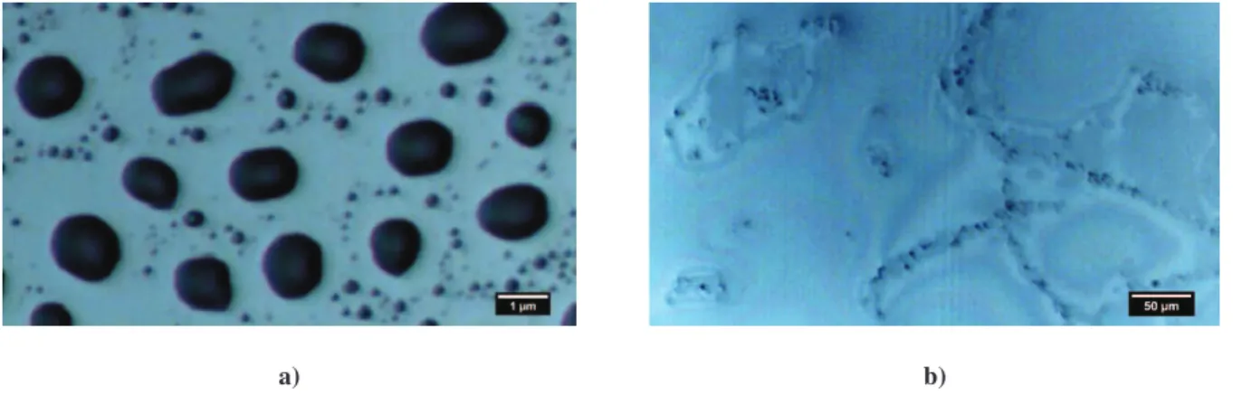 Figure 3: Optical microscope images of PPy blisters deposited a) self-ordered on Si(100) substrate and b) disordered on glass substrate 