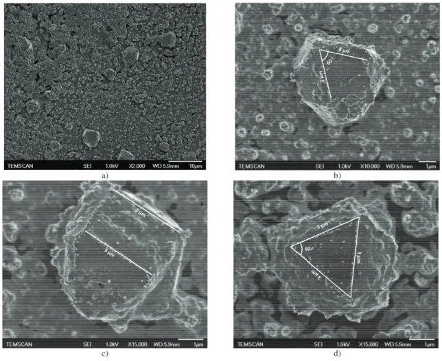 Figure 6: FESEM micrographs of a wide surface area (a) and of facet-like arrangements of the Ag NPs at higher magnification (b,  c, d)