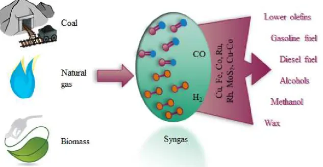 Figure 2-12 Conversion of non-petroleum sources to syngas for producing chemicals  and liquids fuel (adapted from  [104] )