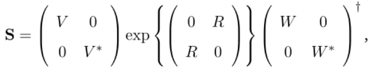 Figure 1.1: Illustration of the Bloch-Messiah decomposition. The input-output relation of a general Gaussian unitary transformation can always be realized in terms of three separate transformations; firstly, a unitary transform W that mixes modes of light;