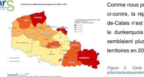 Figure  2:  Carte  de  prévalence  du  diabète  pharmaceutiquement traité en 201 